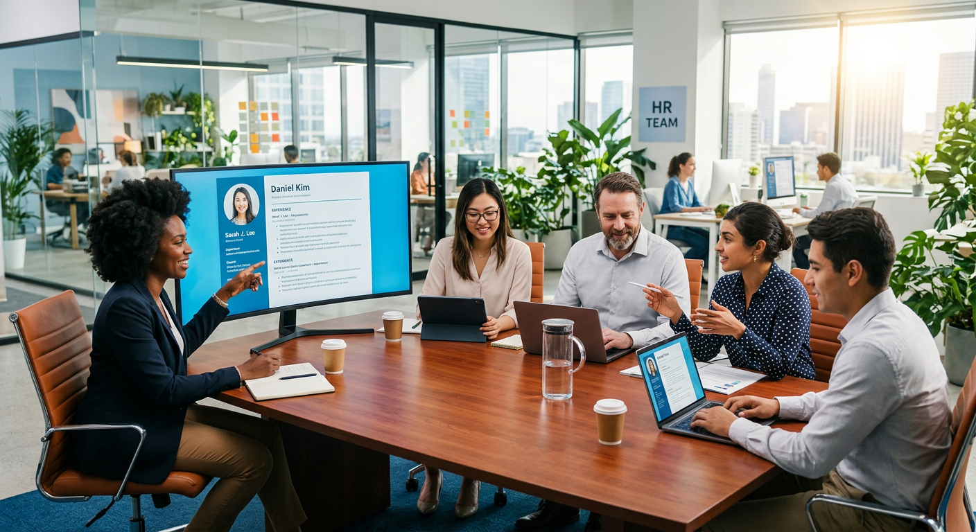 A modern, diverse team of HR professionals collaboratively reviewing candidate profiles on multiple digital screens in a bright, contemporary office. Style: professional stock photography, high contrast, bright and optimistic mood.