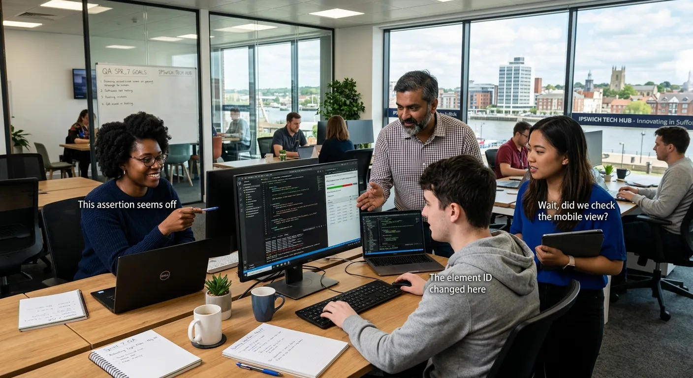 A professional, diverse team of software testers collaborating in a modern office environment in Ipswich, focusing on a computer screen showing test scripts. Style: Authentic, professional, bright office lighting.