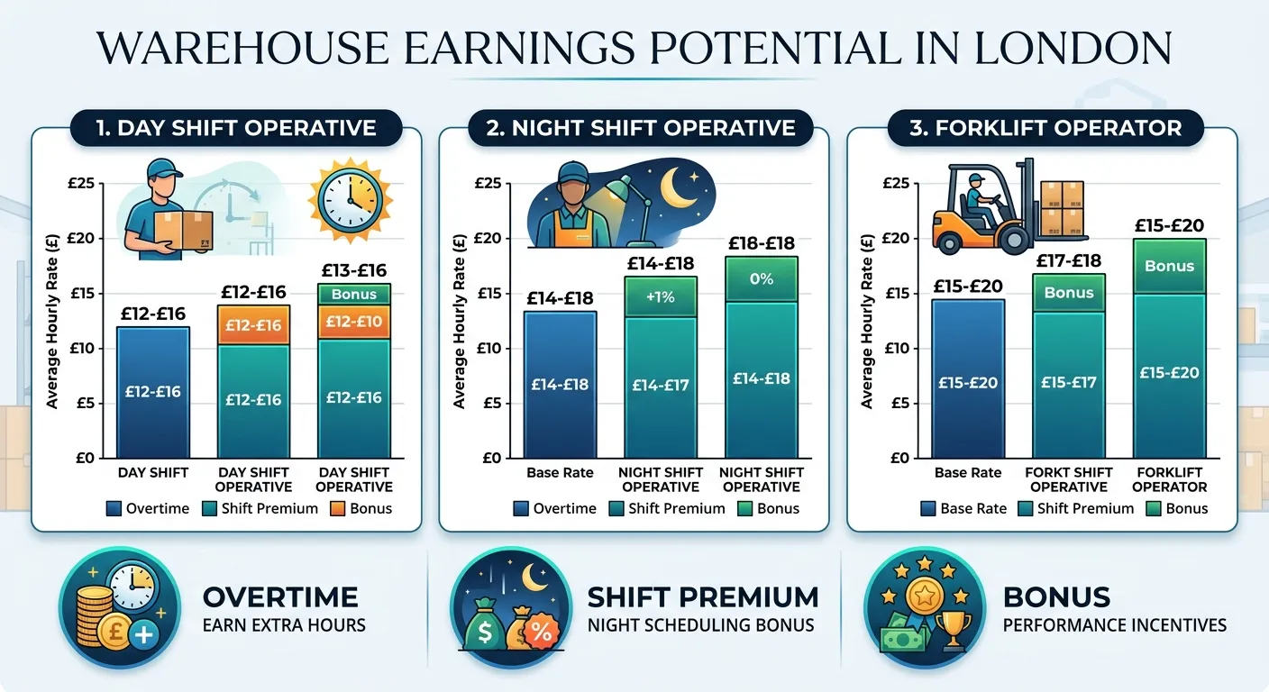 An infographic titled'Warehouse Earnings Potential in London' showing three vertical bar charts comparing average hourly rates for Day Shift Operative, Night Shift Operative, and Forklift Operator. Include icons for overtime, shift premium, and bonus. Use a clean, professional colour scheme.