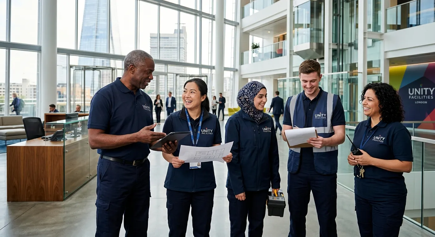 Hero image showing a diverse team of facilities management professionals in a modern London office building lobby, smiling and collaborating. Style: Professional, bright, and welcoming, conveying trust and efficiency.