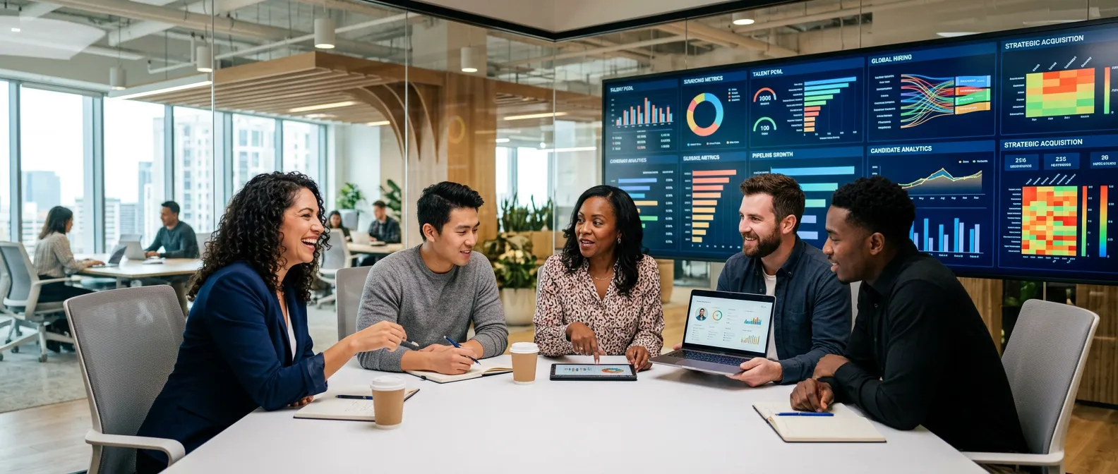 Modern, dynamic hero image featuring a diverse team of professionals collaborating in a bright, tech-forward office. Focus on human connection and data visualization screens in the background, conveying strategic talent sourcing.