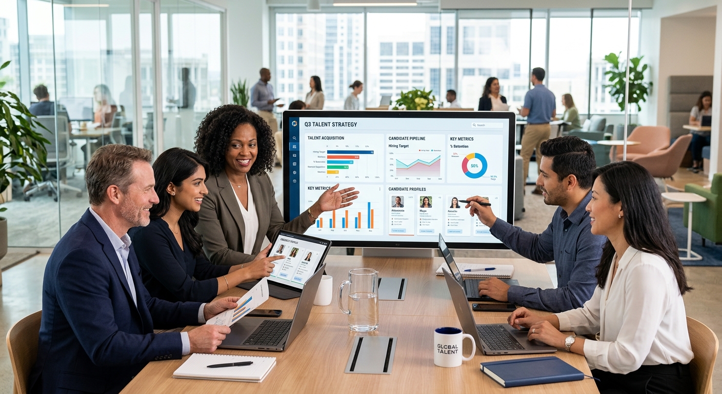A modern, professional hero image showing a diverse team of HR specialists and business leaders collaborating over digital screens displaying analytics and candidate profiles. Style: Clean, bright office environment with a focus on technology and partnership. Mood: Strategic, efficient, and forward-thinking.