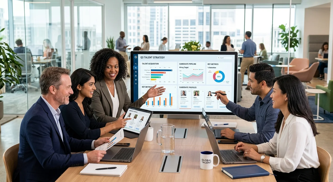 A modern, professional hero image showing a diverse team of HR specialists and business leaders collaborating over digital screens displaying analytics and candidate profiles. Style: Clean, bright office environment with a focus on technology and partnership. Mood: Strategic, efficient, and forward-thinking.