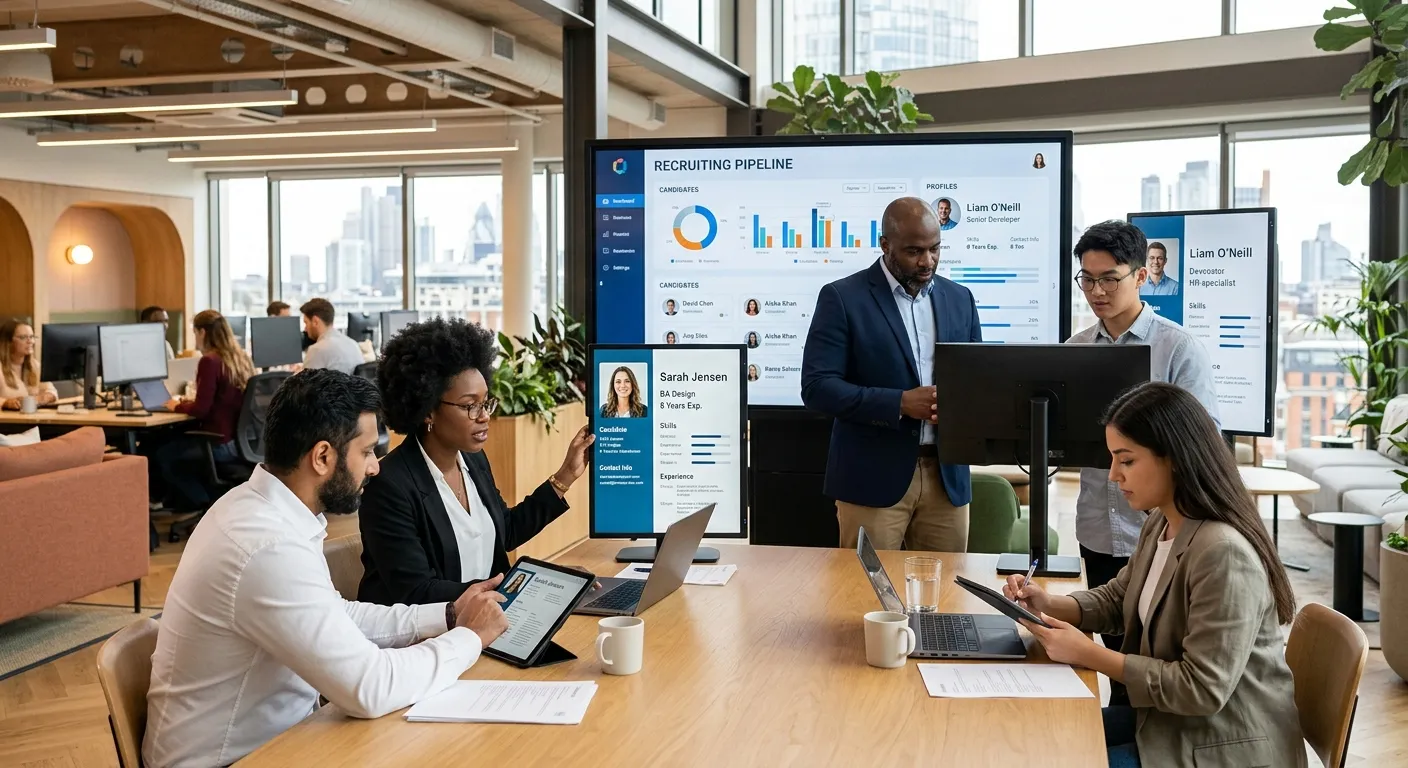 A modern, diverse team of HR professionals and recruiters collaborating in a bright, airy office, reviewing candidate profiles on large digital screens and tablets. The mood is focused, efficient, and technologically advanced.