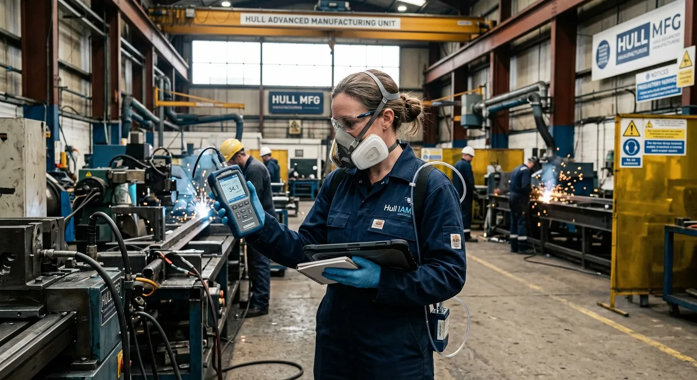 A professional, focused Industrial Hygienist in a manufacturing or laboratory setting in Hull, condu... A professional, focused Industrial Hygienist in a manufacturing or laboratory setting in Hull, conducting air quality monitoring with modern equipment, wearing appropriate PPE, looking confident and competent.