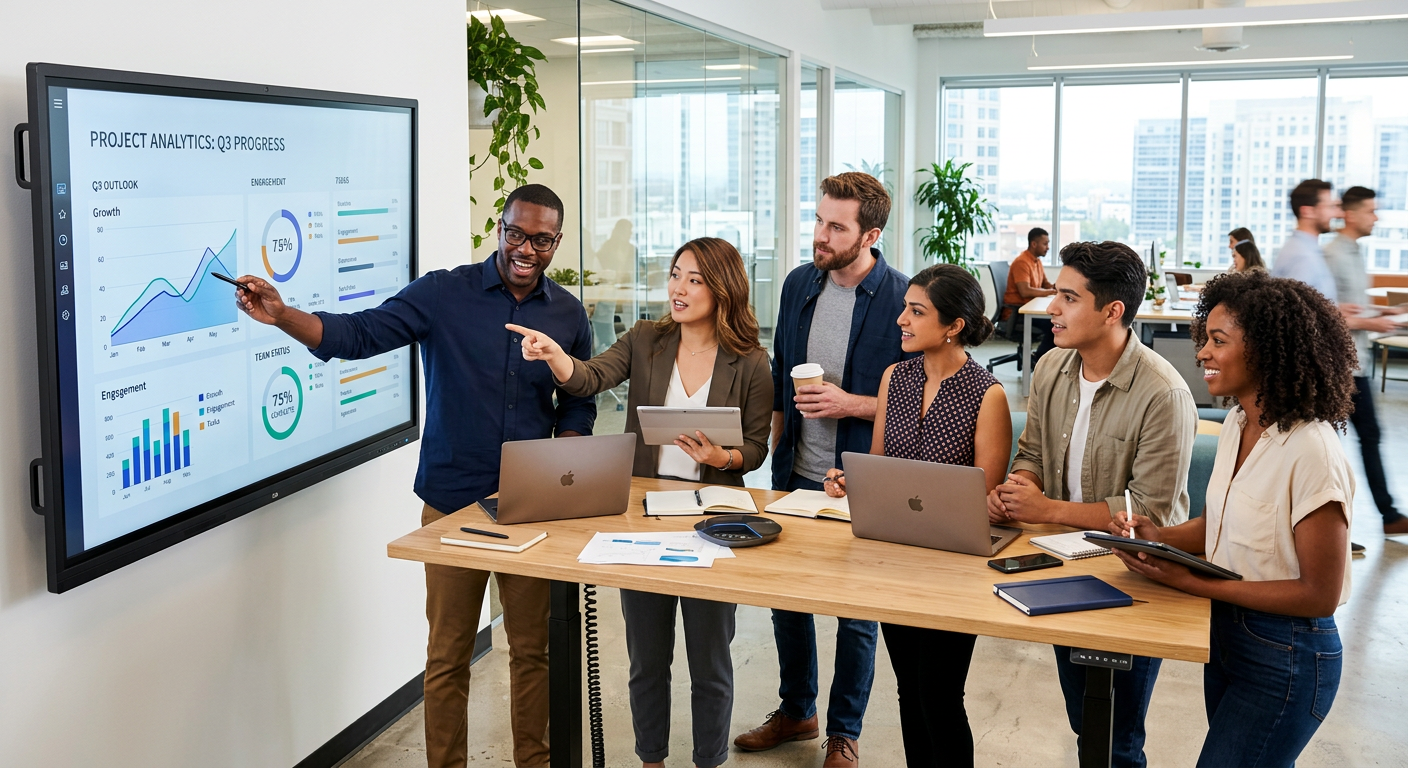 A diverse group of modern professionals collaborating in a bright, open-plan office. They are gathered around a large digital screen displaying project analytics. Style: Professional, vibrant, and dynamic. Mood: Collaborative, innovative, and forward-thinking.