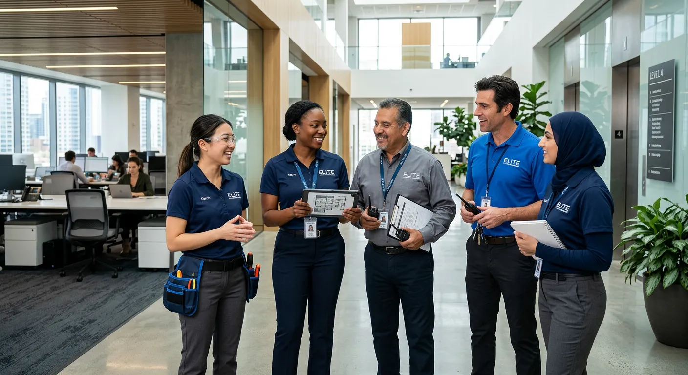 A professional, diverse group of facilities management staff in a modern office or commercial building, looking engaged and ready for work. Style: Bright, professional, aspirational. Mood: Confident, efficient, trustworthy.