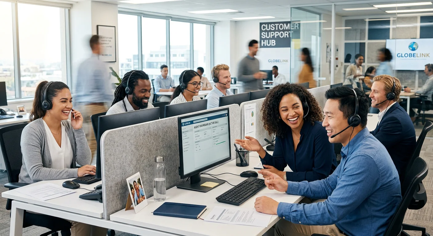 A modern, professional office environment showing a diverse group of customer service representatives in a bright call centre, smiling and wearing headsets, collaborating at their workstations. Style: Professional stock photography, bright and inviting mood.
