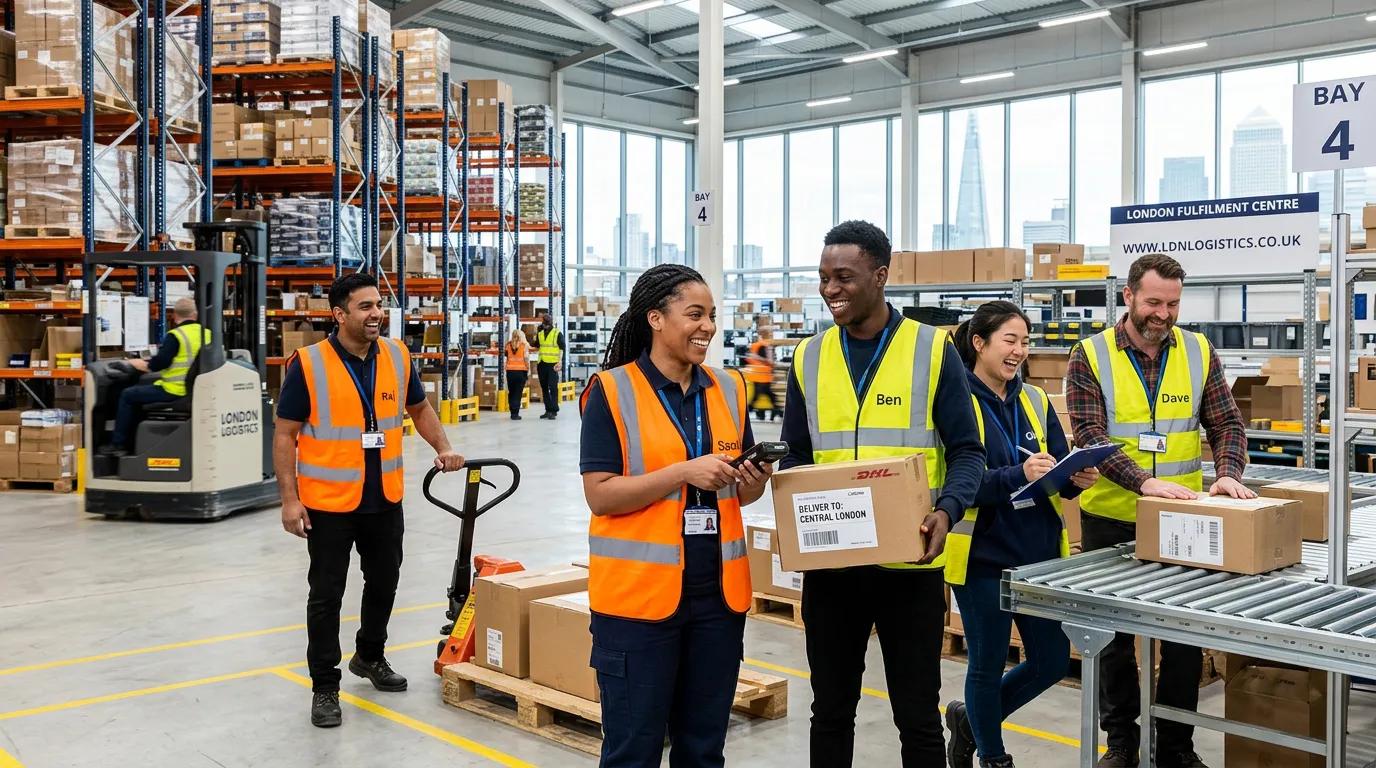 A professional, dynamic hero image showing a diverse team of warehouse operatives in a modern London warehouse, smiling and collaborating. The image should convey energy, efficiency, and a positive work environment. Style: Bright, clear, professional photography.