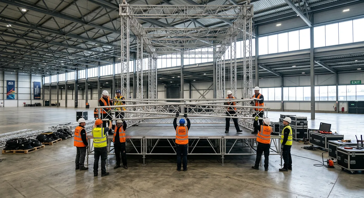 A wide-angle photo showing event porters in hi-vis vests collaboratively assembling a large stage st... A wide-angle photo showing event porters in hi-vis vests collaboratively assembling a large stage structure in a bright, empty exhibition hall in Belfast.