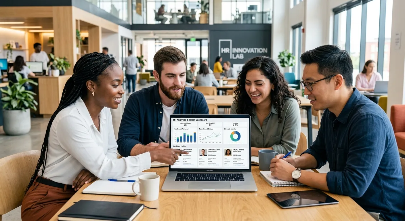 A modern, diverse team of professionals collaborating in a bright, open-plan office. Focus on a central laptop screen showing HR analytics dashboards and candidate profiles. Style: Professional, vibrant, and future-focused.