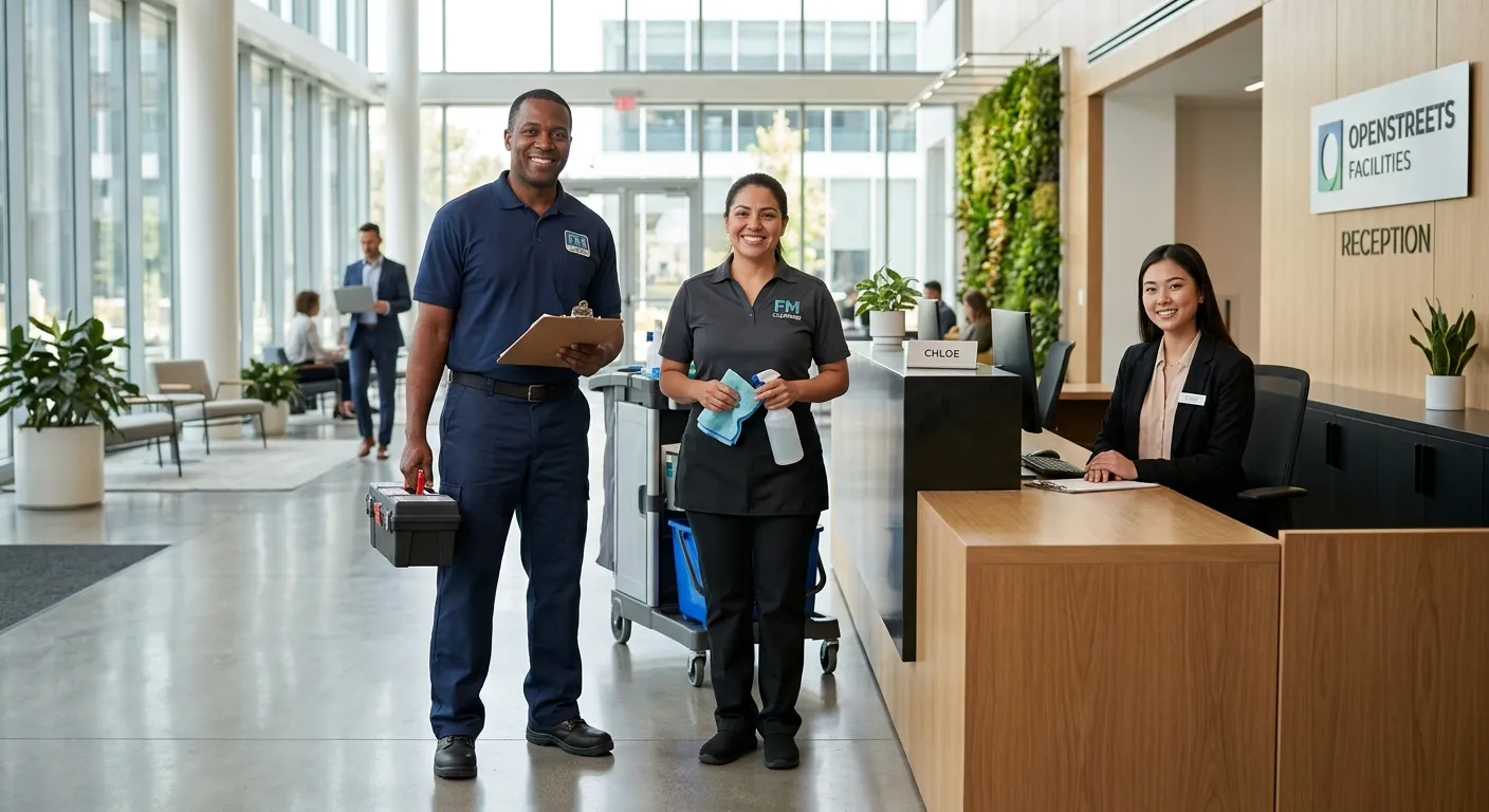 A professional, diverse group of facilities management workers in a modern office lobby, including a... A professional, diverse group of facilities management workers in a modern office lobby, including a maintenance technician, a cleaner, and a front-of-house receptionist, all smiling and looking confident. Style: Bright, high-resolution corporate photography with a focus on teamwork and professionalism.