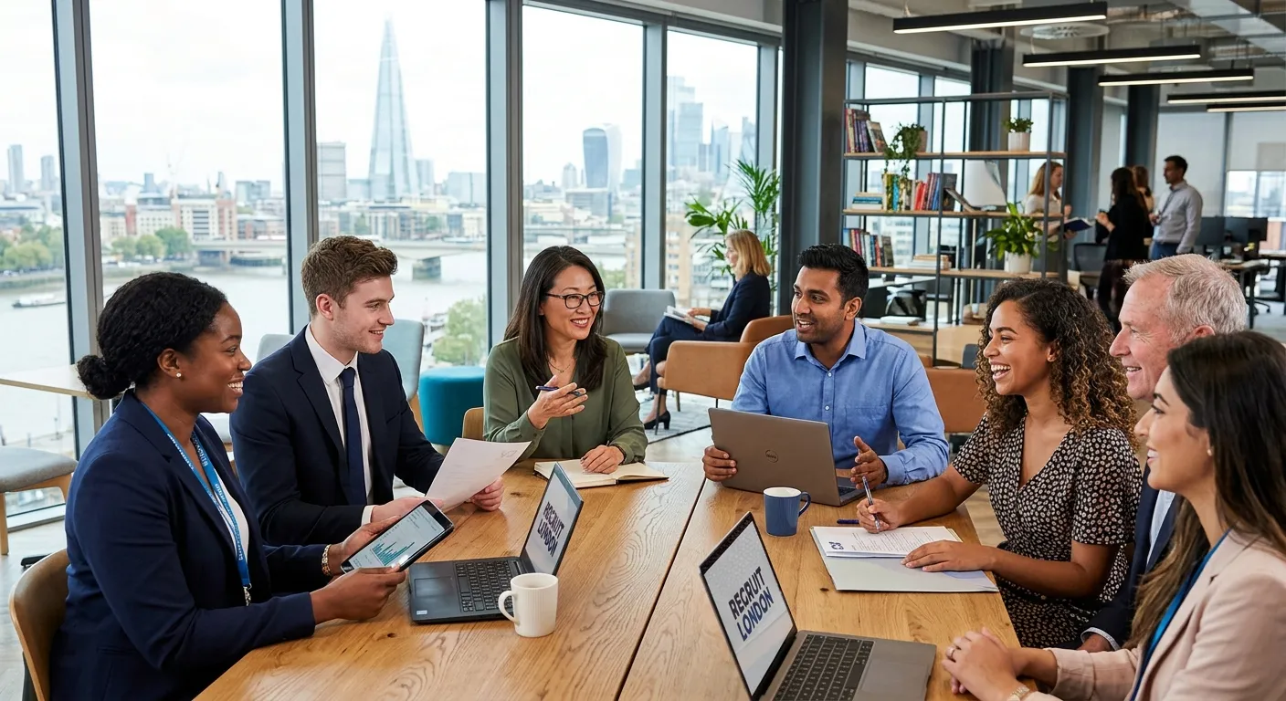 A professional, diverse group of recruitment consultants and job candidates in a modern London office, discussing career opportunities. The atmosphere is collaborative and positive, with natural light and city views in the background.