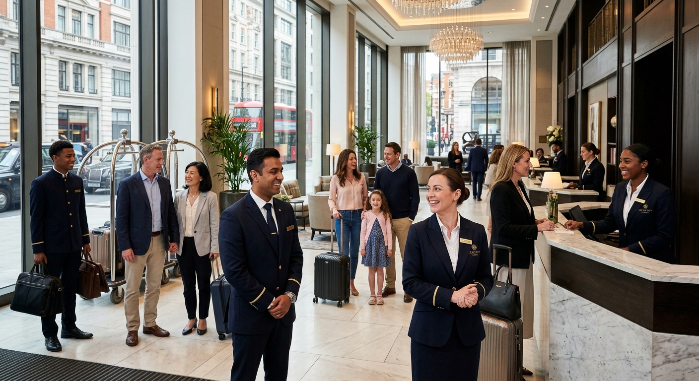 A high-resolution, professional photo of a diverse team of hotel staff in a modern London hotel lobby, smiling and interacting with guests. The image should convey luxury, professionalism, and a warm, welcoming atmosphere.