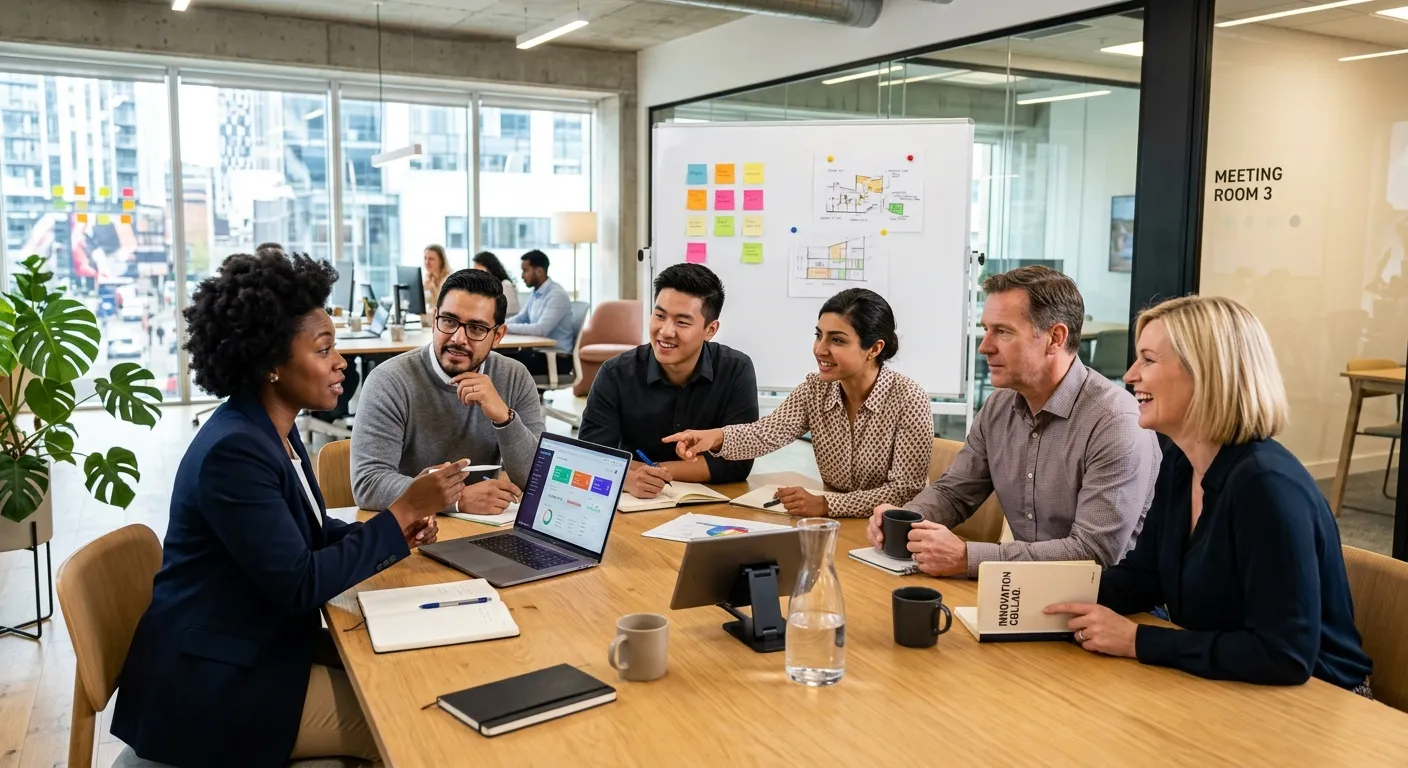 Professional, modern office environment with a diverse team collaborating around a table, focused and engaged. Style: High-resolution, bright, aspirational. Mood: Productive, innovative, inclusive.