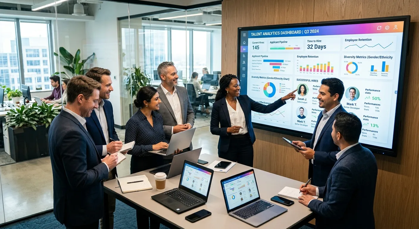 A modern, professional office environment with a diverse team of HR professionals and hiring managers collaborating around a digital dashboard showing talent analytics and successful hires. Style: Bright, optimistic, and tech-forward.