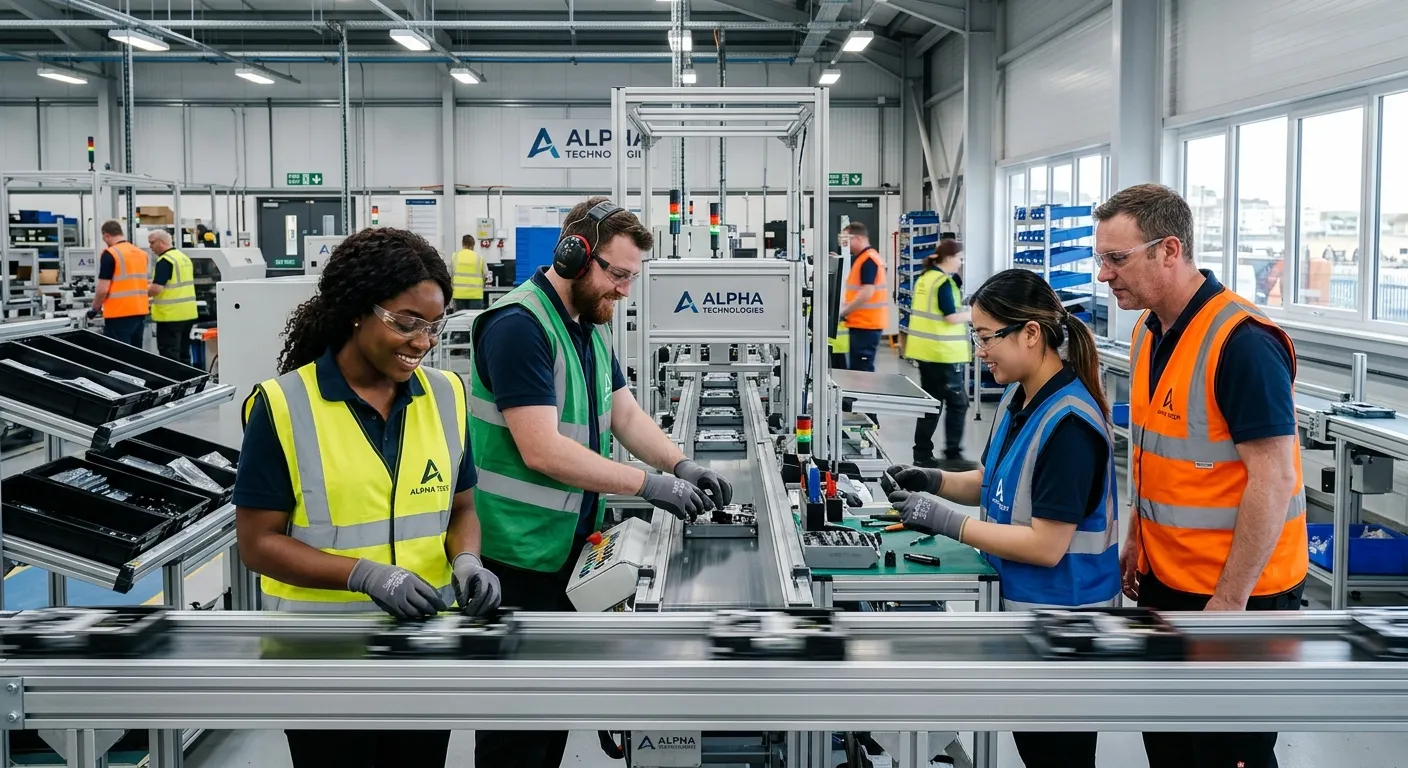 A professional, well-lit photograph of a modern, clean factory production line in Brighton or similar UK industrial setting. Focus on a diverse team of operatives wearing high-vis vests and safety gear, collaborating on an assembly line. Style should be realistic, aspirational, and convey efficiency and teamwork.