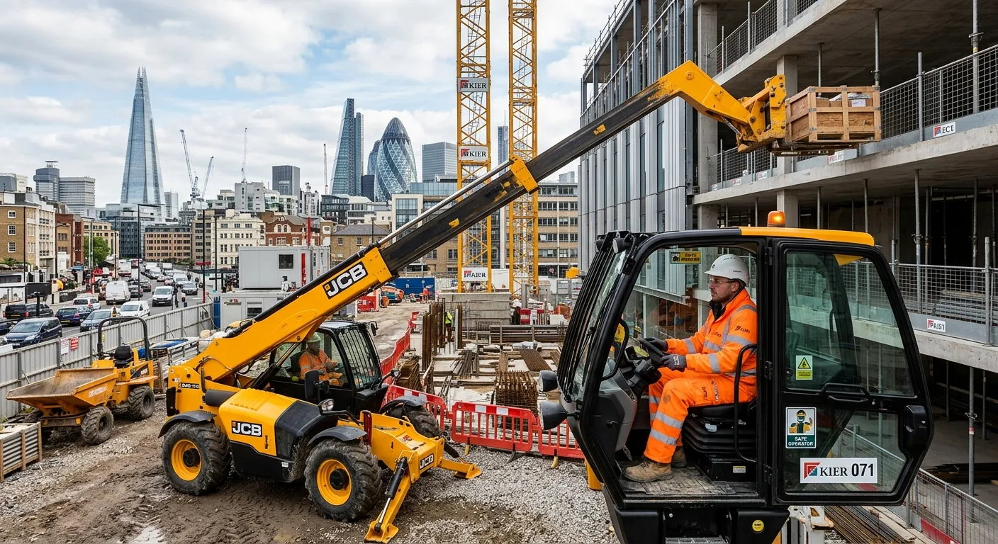A professional and dynamic image of a skilled Telehandler Operator in a modern London construction y... A professional and dynamic image of a skilled Telehandler Operator in a modern London construction yard, safely manoeuvring materials at height. The image should convey competence, safety, and the urban EC1 setting with cityscape in background. Style: Realistic, professional, and aspirational.