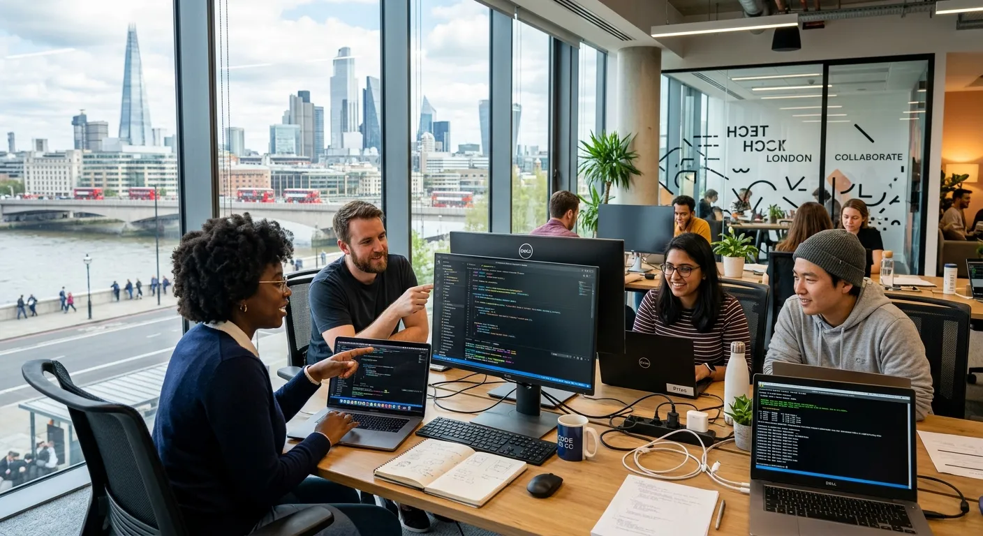 A professional, diverse team of software developers collaborating in a modern London tech office, wi... A professional, diverse team of software developers collaborating in a modern London tech office, with laptops and monitors showing code, emphasising a collaborative and dynamic work environment.