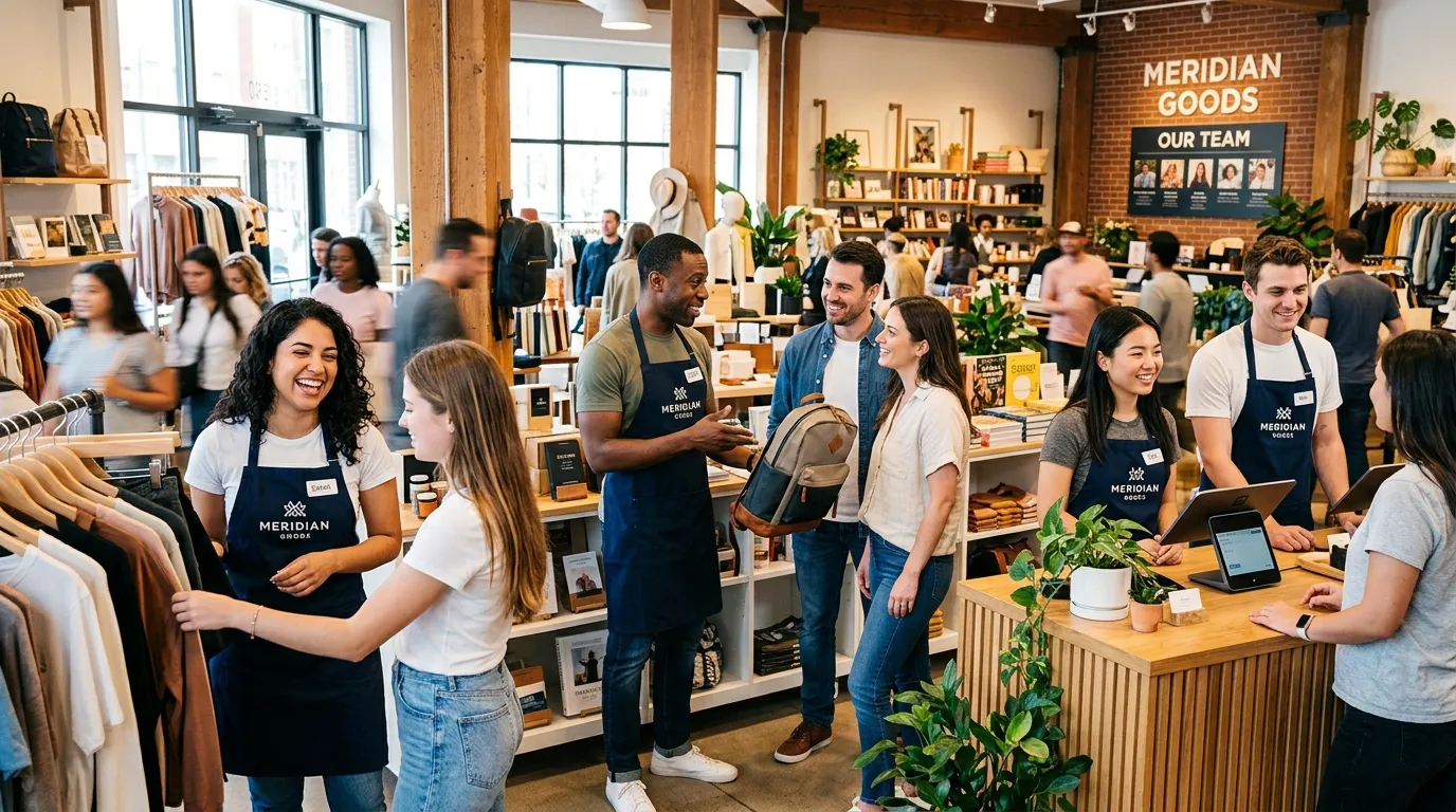 A dynamic, professional hero image showing a diverse team of retail staff in a modern store environm... A dynamic, professional hero image showing a diverse team of retail staff in a modern store environment, smiling and assisting customers. The style is bright, energetic, and high-contrast, focusing on human interaction and a positive retail atmosphere.
