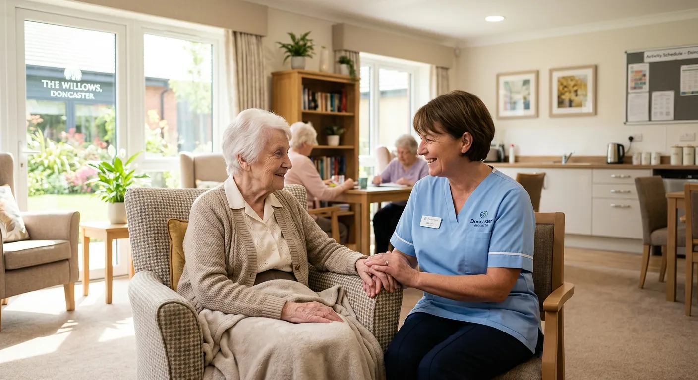 A warm, professional photo of a compassionate Care Worker assisting an elderly resident in a bright,... A warm, professional photo of a compassionate Care Worker assisting an elderly resident in a bright, modern care home setting in Doncaster, focusing on the supportive interaction and clean, safe environment.
