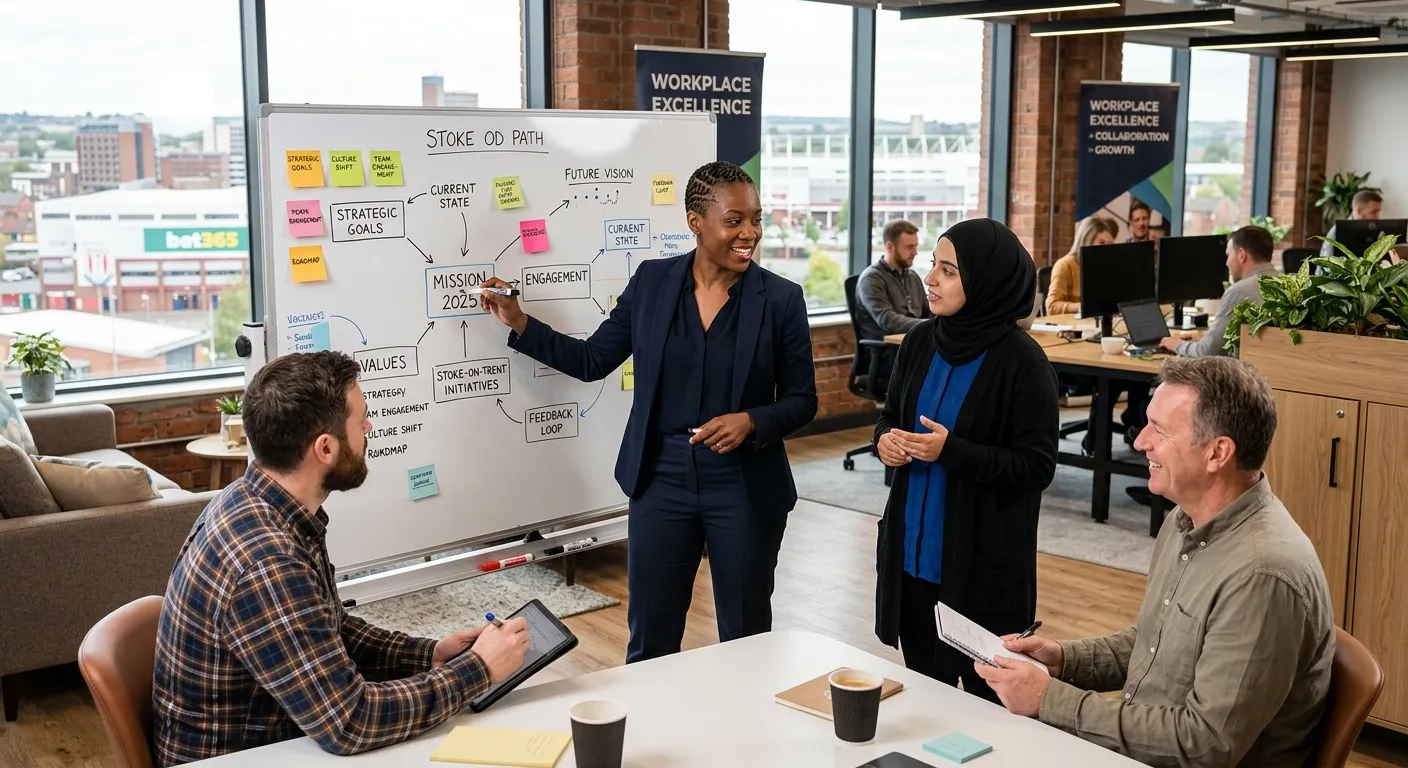 A professional, confident Organisational Development specialist in a modern office environment in St... A professional, confident Organisational Development specialist in a modern office environment in Stoke-on-Trent, collaborating with team members around a whiteboard, showcasing strategic planning and positive workplace culture.