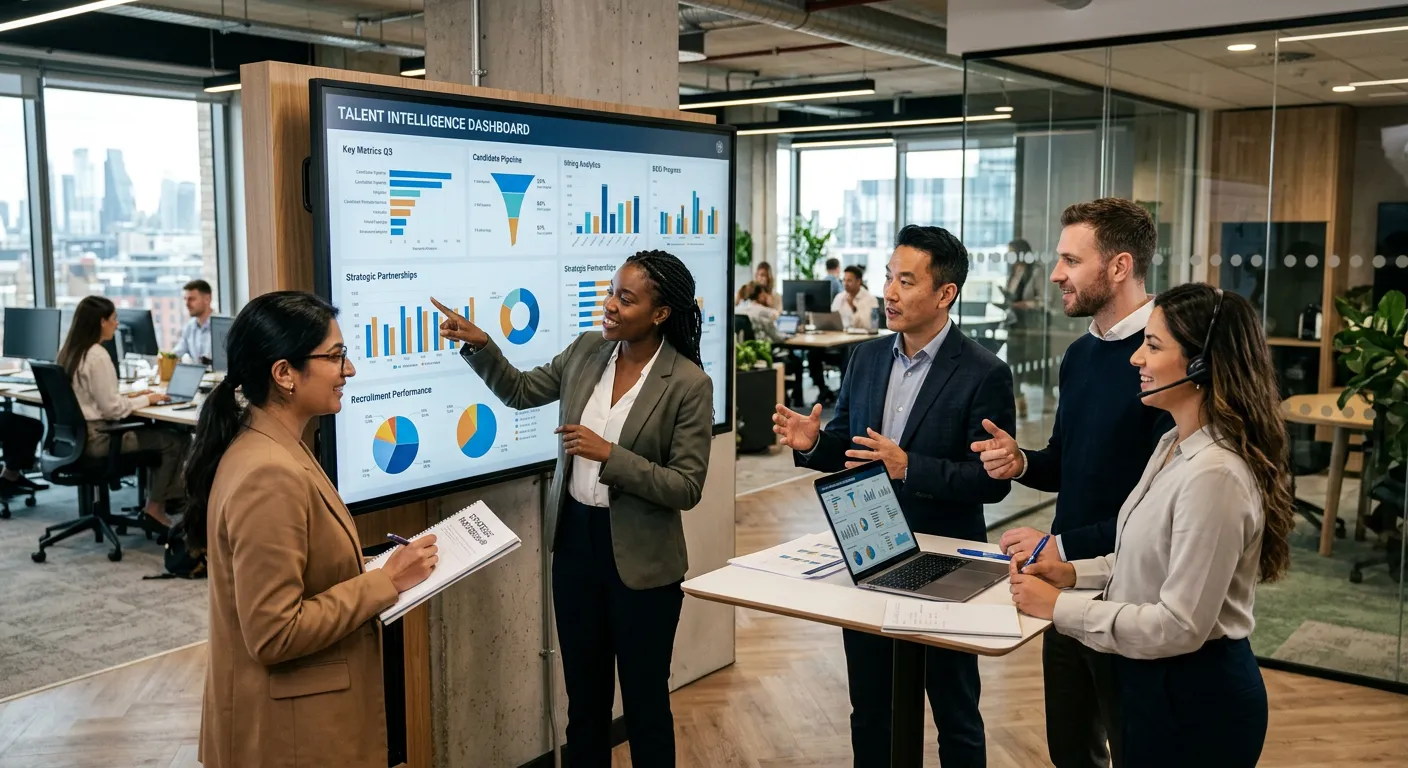 A diverse, professional team of recruiters and HR managers in a modern office, collaborating over data analytics dashboards on large screens, symbolizing strategic partnership and talent intelligence. Style: Professional, high-energy, with a focus on technology and human collaboration.