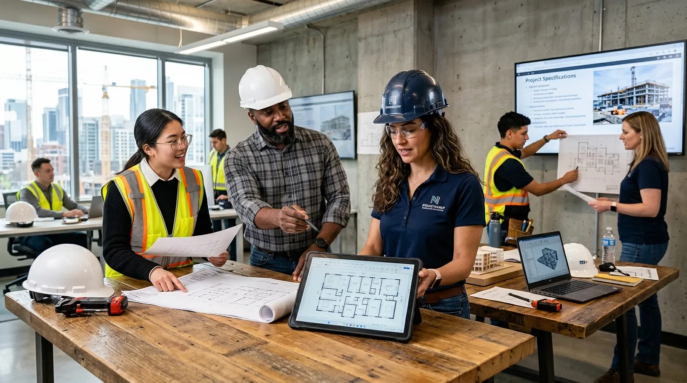 A dynamic, professional hero image showing a diverse team of contractors collaborating in a modern w... A dynamic, professional hero image showing a diverse team of contractors collaborating in a modern workspace, with a project manager reviewing plans on a tablet. Style: Modern, vibrant, and professional, conveying flexibility and expertise.