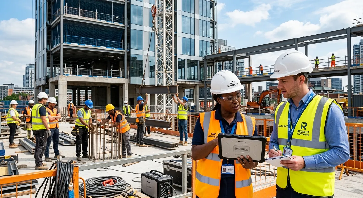 A dynamic, professional construction site scene with a diverse team of skilled workers (hard hats, hi-vis vests) collaborating on a modern building project. Foreground shows a site manager reviewing plans on a tablet with a recruitment consultant. Style: Inspiring, high-resolution, professional. Mood: Collaborative, efficient, and forward-thinking.