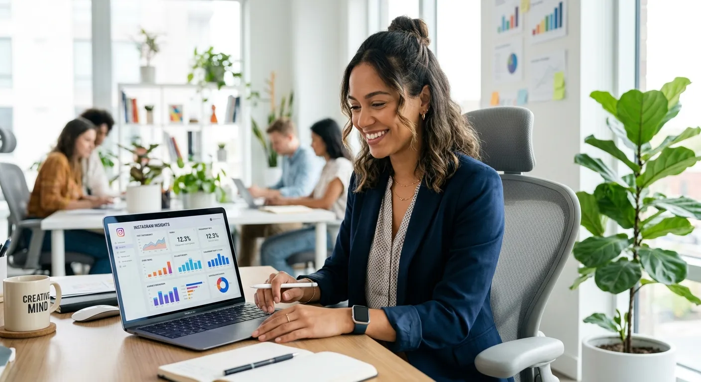 A professional, confident young woman in a modern office setting, smiling while analysing social med... A professional, confident young woman in a modern office setting, smiling while analysing social media metrics on a laptop screen. The background is bright and airy, with a plant in the corner, conveying a creative and organised workspace. Style: Professional, authentic, aspirational.