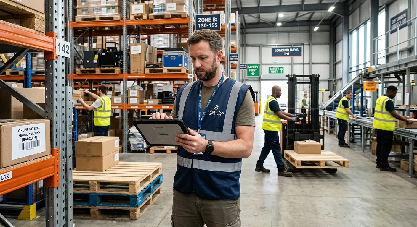 A dynamic, professional shot of a Warehouse Supervisor in a modern Shoreditch logistics hub, wearing... A dynamic, professional shot of a Warehouse Supervisor in a modern Shoreditch logistics hub, wearing a hi-vis vest, using a tablet to check inventory, with a team of operatives working efficiently in the background. Style: Authentic, high-energy, modern warehouse environment.