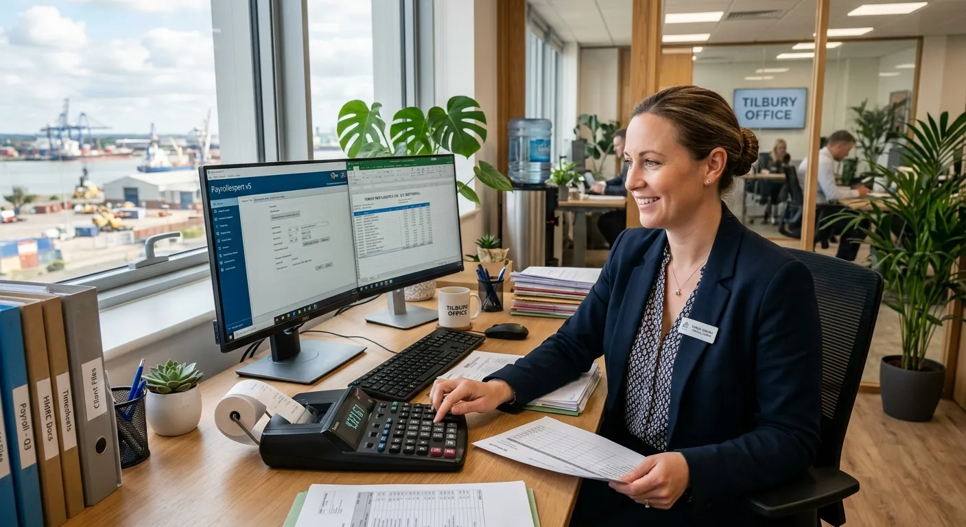 A professional payroll administrator working at a desk with a calculator, paperwork, and computer in a bright modern office in Tilbury, warm and welcoming professional mood, soft natural lighting