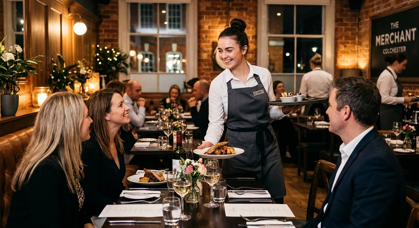 A professional, dynamic image of a smiling waitress in a smart uniform confidently serving guests at... A professional, dynamic image of a smiling waitress in a smart uniform confidently serving guests at a high-end restaurant table in a Colchester venue, capturing a sense of hospitality, efficiency, and opportunity.