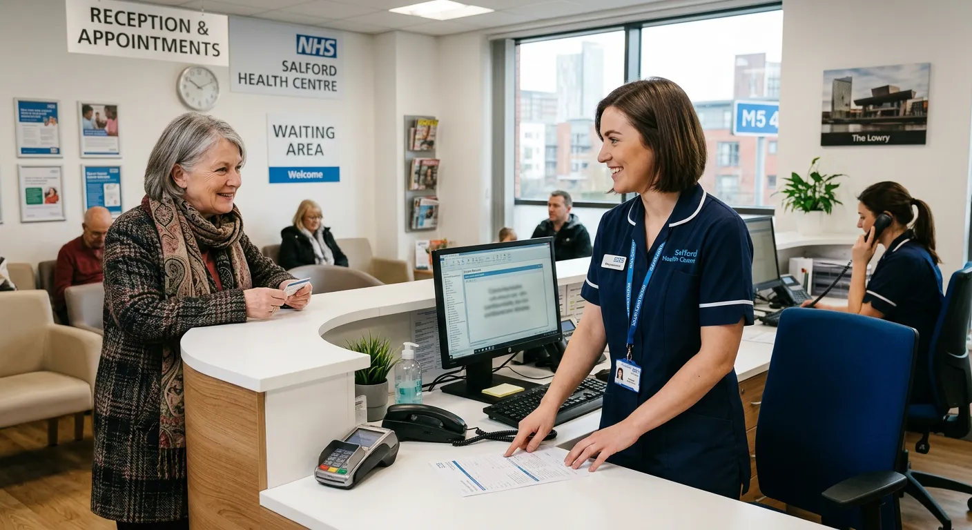 A friendly, professional GP receptionist in a modern medical practice in Salford, helping a patient at the front desk. The image conveys a calm, organised, and welcoming atmosphere.