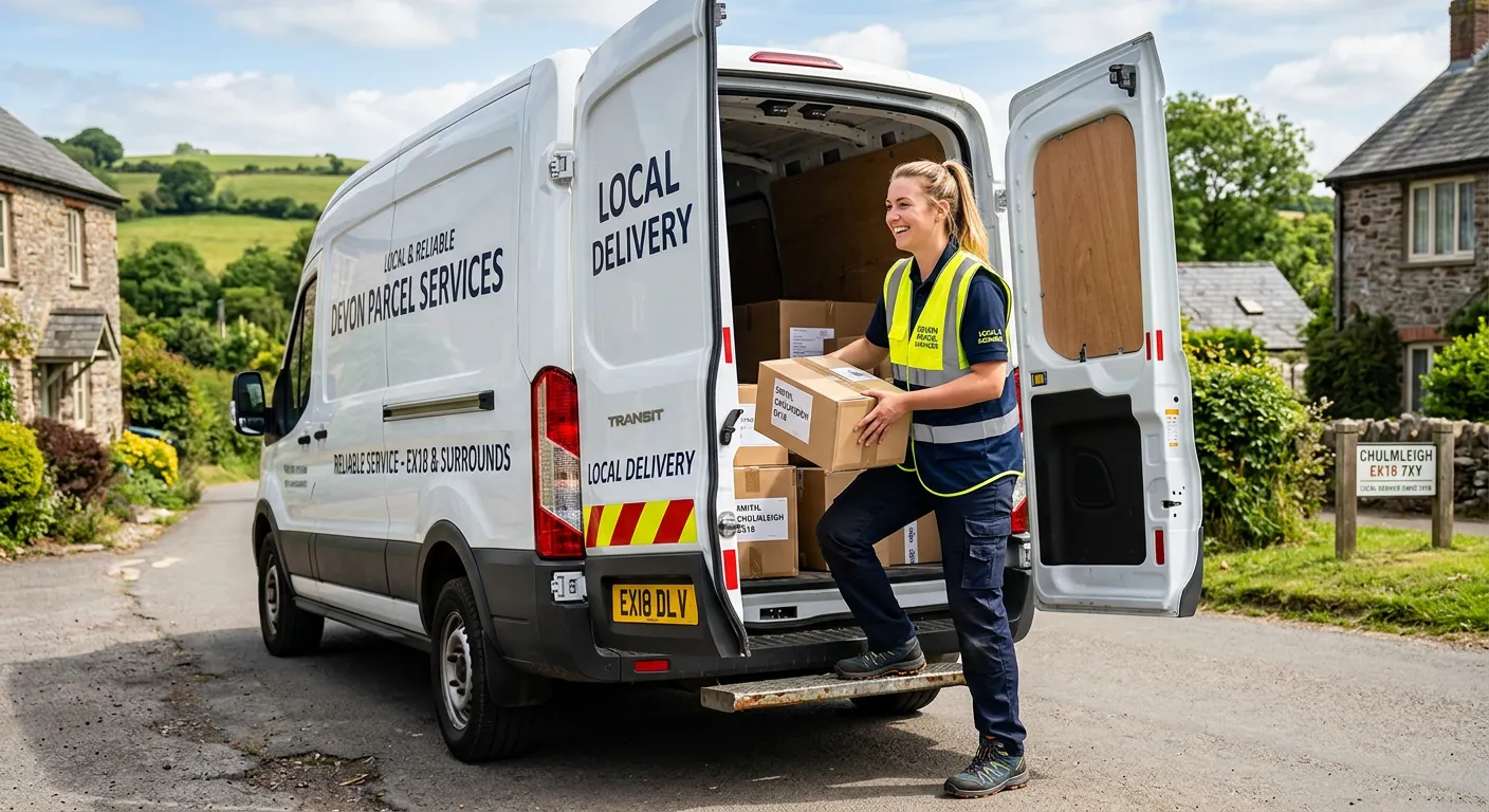 A professional, friendly delivery driver in a high-vis vest, loading parcels into a modern van in a... A professional, friendly delivery driver in a high-vis vest, loading parcels into a modern van in a sunny, rural EX18 setting, conveying reliability and local service.