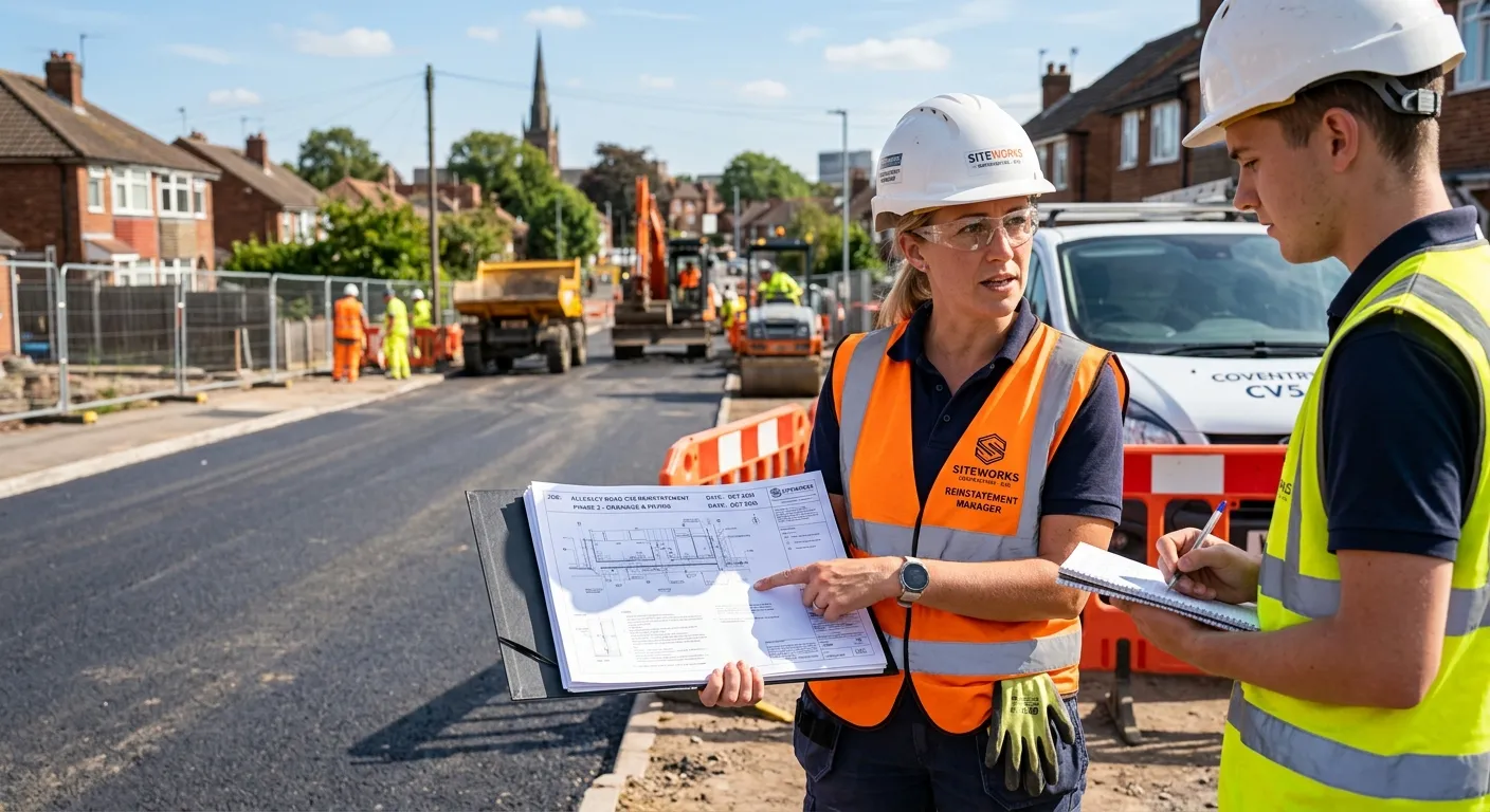 A professional, confident Reinstatement Manager on a construction site in Coventry, CV5, reviewing reinstatement plans with a colleague, wearing a high-visibility vest and hard hat, sunny day.