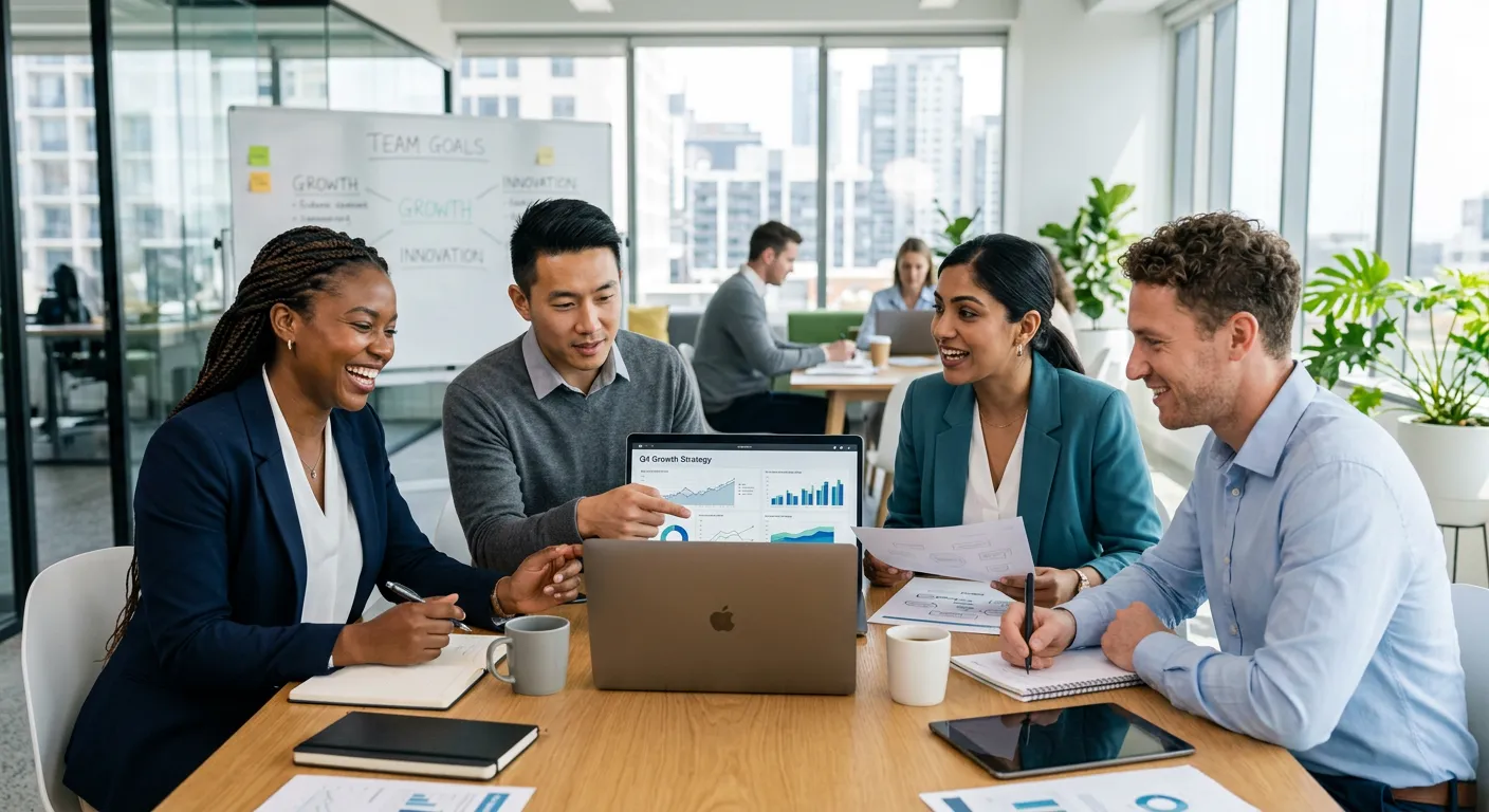A diverse, professional team collaborating in a modern office setting, looking engaged and productiv... A diverse, professional team collaborating in a modern office setting, looking engaged and productive. Style is professional corporate photography with a bright, optimistic mood.