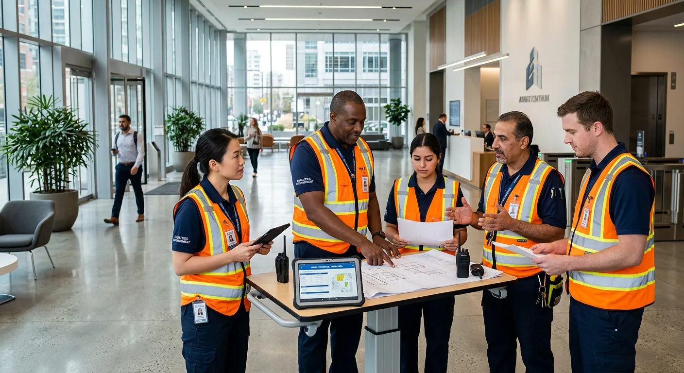 A diverse group of professional facilities management staff in high-visibility vests and uniforms, collaborating in a modern, well-maintained commercial building lobby, conveying competence and teamwork.