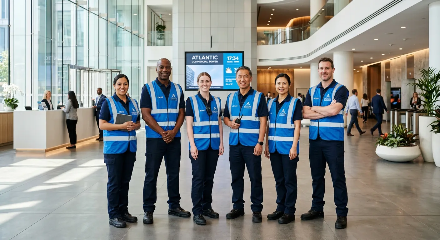A diverse team of professional facilities management staff in high-visibility vests, standing confid... A diverse team of professional facilities management staff in high-visibility vests, standing confidently in a modern, well-maintained commercial building lobby. Professional, bright, and aspirational mood.