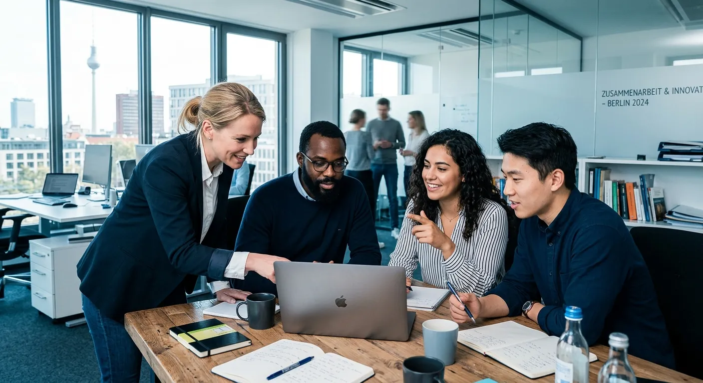A professional, dynamic photo of a diverse team of professionals in a modern German office collaborating over a laptop. The mood is focused, innovative, and international. Style: corporate photography with a slight blue tint.