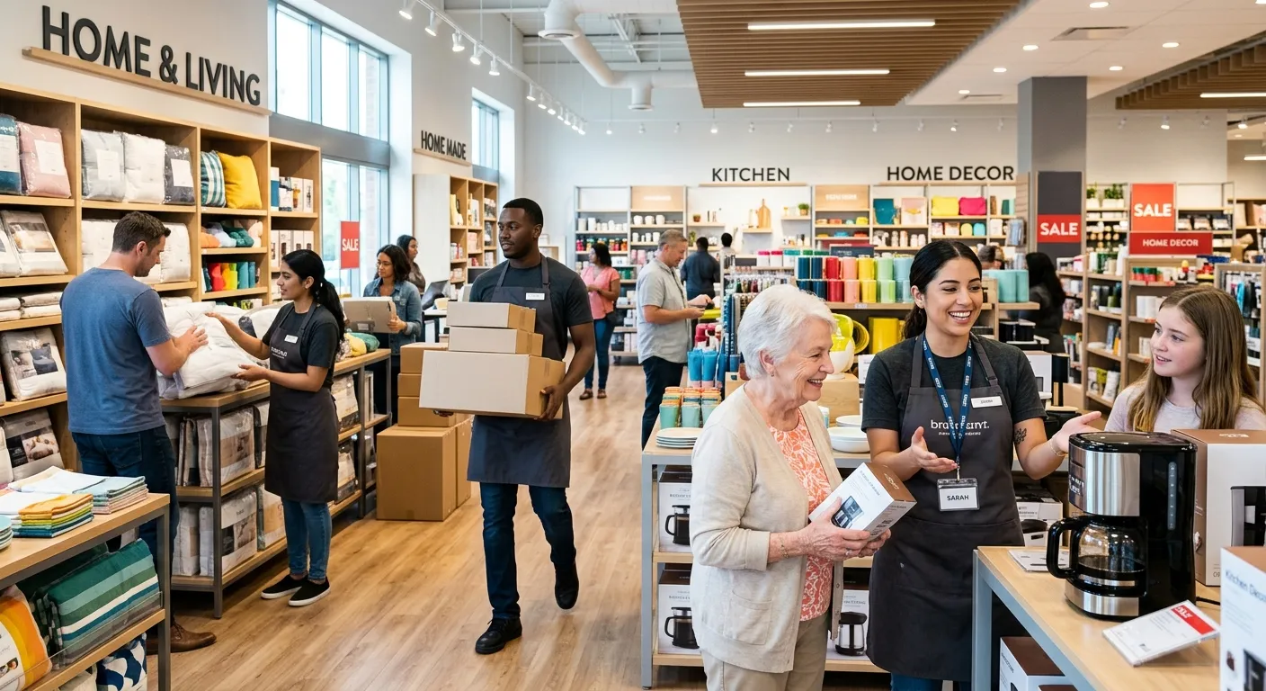 A dynamic, high-energy photo of a diverse group of retail professionals in a modern store setting. Some are assisting customers, others are managing stock. The mood is professional, efficient, and customer-focused. Style: Bright, clean, and professional.
