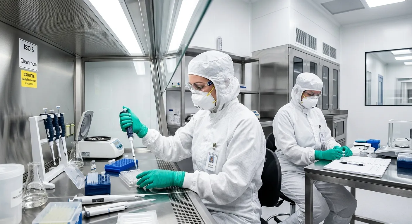 A high-contrast, professional image of two cleanroom operatives in full sterile suits (bunny suits)... A high-contrast, professional image of two cleanroom operatives in full sterile suits (bunny suits) working meticulously at a laboratory bench in a pristine, brightly lit cleanroom environment. Focus on detail and precision.