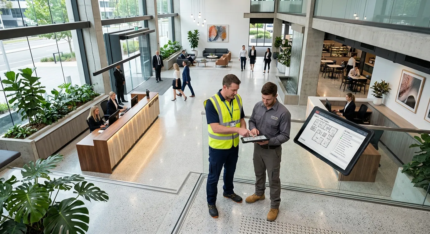 A professional, high-angle shot of a modern, well-maintained commercial building lobby, with a facil... A professional, high-angle shot of a modern, well-maintained commercial building lobby, with a facilities manager in a high-vis vest reviewing a digital tablet with a technician. Style: Clean, corporate, aspirational. Mood: Efficient, professional, and in control.