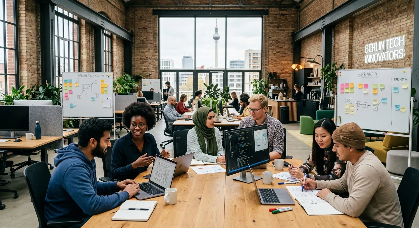 A modern, collaborative office space in Berlin with a diverse team of professionals working together in a tech company setting