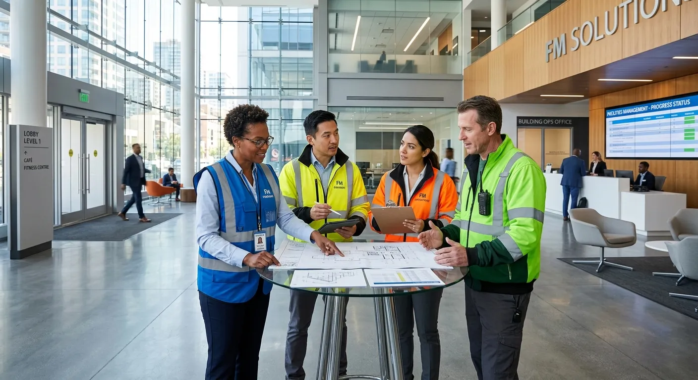 A professional, diverse group of facilities management staff in hi-vis jackets and corporate attire,... A professional, diverse group of facilities management staff in hi-vis jackets and corporate attire, discussing plans in a modern building lobby. Style: Bright, professional, with a focus on teamwork and modern infrastructure.