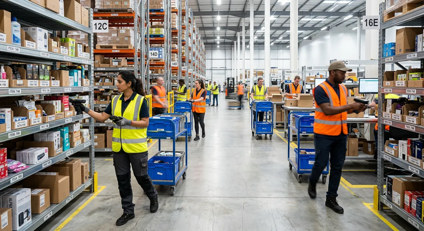 A dynamic, modern warehouse interior with a diverse team of pickers and packers in high-visibility v... A dynamic, modern warehouse interior with a diverse team of pickers and packers in high-visibility vests efficiently navigating aisles with handheld scanners and mobile carts, bathed in bright, clean LED lighting. Focus on speed and organization.