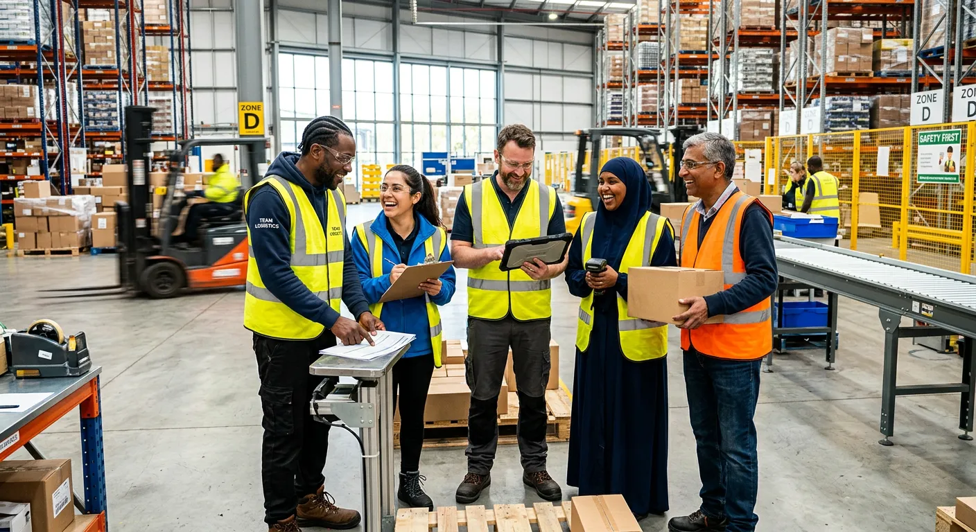 A high-contrast, professional photo of a diverse team of labourers and warehouse operatives collabor... A high-contrast, professional photo of a diverse team of labourers and warehouse operatives collaborating in a modern industrial setting, smiling and looking engaged. Style: Authentic, bright, and energetic.