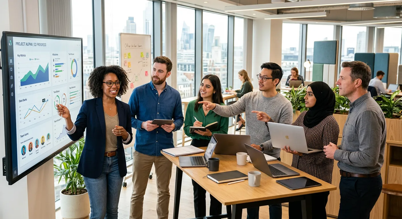 A diverse group of modern professionals collaborating in a bright, sunlit office space. They are gat... A diverse group of modern professionals collaborating in a bright, sunlit office space. They are gathered around a large digital screen showing analytics and project plans. Style is professional, vibrant, and forward-thinking.