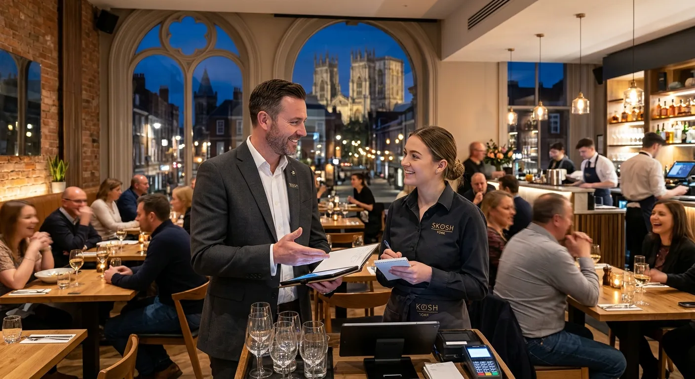 A professional, well-lit photograph of a confident Restaurant Manager in a modern York restaurant, d... A professional, well-lit photograph of a confident Restaurant Manager in a modern York restaurant, discussing service with a team member. The atmosphere is vibrant, clean, and efficient, showcasing York's historic charm through a window.