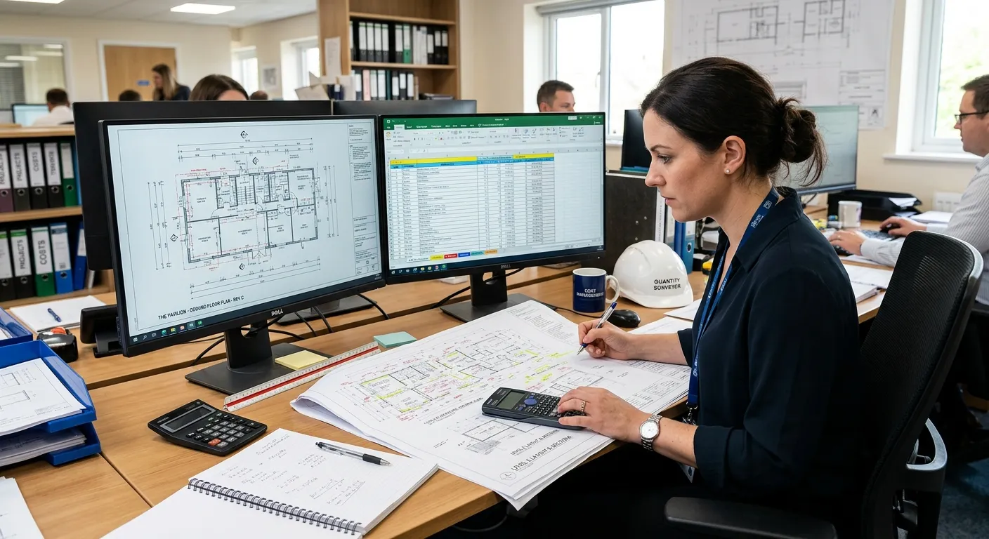 A professional Quantity Surveyor at a desk, analysing complex architectural blueprints and a multi-t... A professional Quantity Surveyor at a desk, analysing complex architectural blueprints and a multi-tab spreadsheet on dual monitors, with a calculator and notepad to the side.